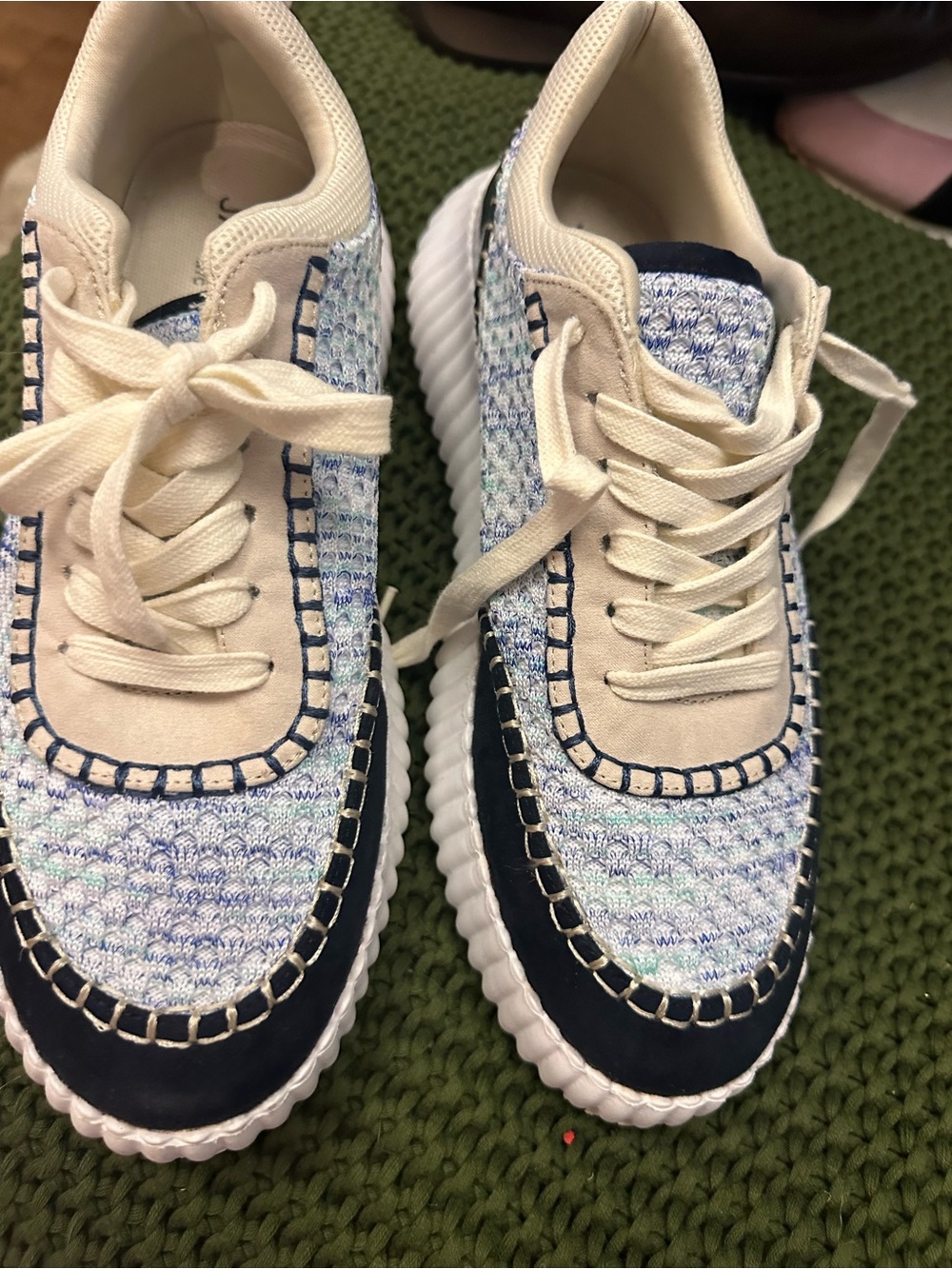 J/SLIDES Cream and Light Blue Tweed Lace-Up Sneakers
